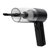 Powerful mini car vacuum cleaner in black with long nozzle design.