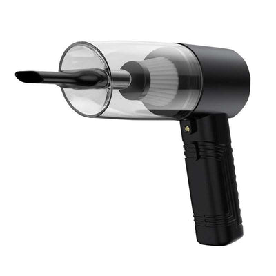 Powerful mini car vacuum cleaner in black with long nozzle design.